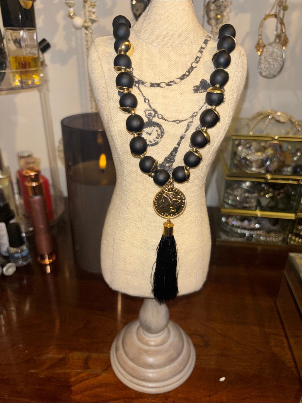 Black Beaded Tassel Necklace with Gold Coin Pendant - Women Jewelry